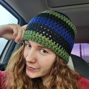 HANDMADE black, blue and green striped beanie!